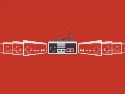 HD desktop wallpaper featuring a classic Nintendo Entertainment System controller with stylized white directional pads on a red background.