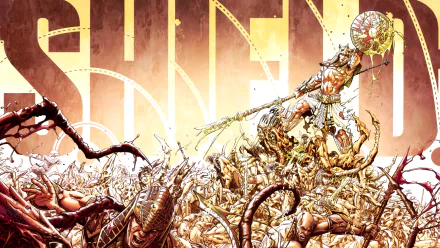 Dynamic comic art featuring S.H.I.E.L.D., depicting a powerful character amidst a chaotic scene, perfect as a striking HD PC desktop wallpaper and background.