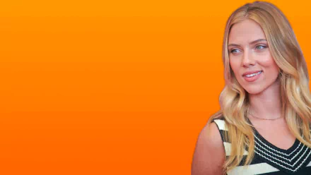 HD desktop wallpaper featuring a blonde celebrity, Scarlett Johansson, against a vibrant orange background.