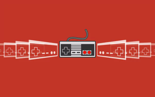 HD desktop wallpaper featuring a classic Nintendo Entertainment System controller with stylized white directional pads on a red background.
