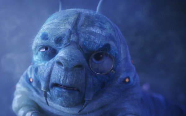 Monocled blue caterpillar Absolem from the movie Alice in Wonderland (2010) in smoky blue light — 2K Quad HD PC desktop wallpaper and background.