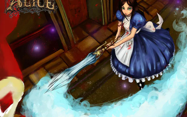 HD desktop wallpaper featuring American McGee's Alice, depicting Alice in a blue dress wielding a large weapon amidst a dark, mysterious environment from the video game.