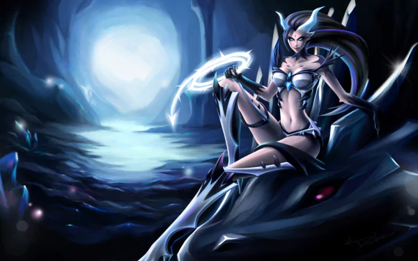 HD PC desktop wallpaper featuring Zyra from the video game League of Legends, showcasing her dark, mystical design against an eerie, moonlit background.