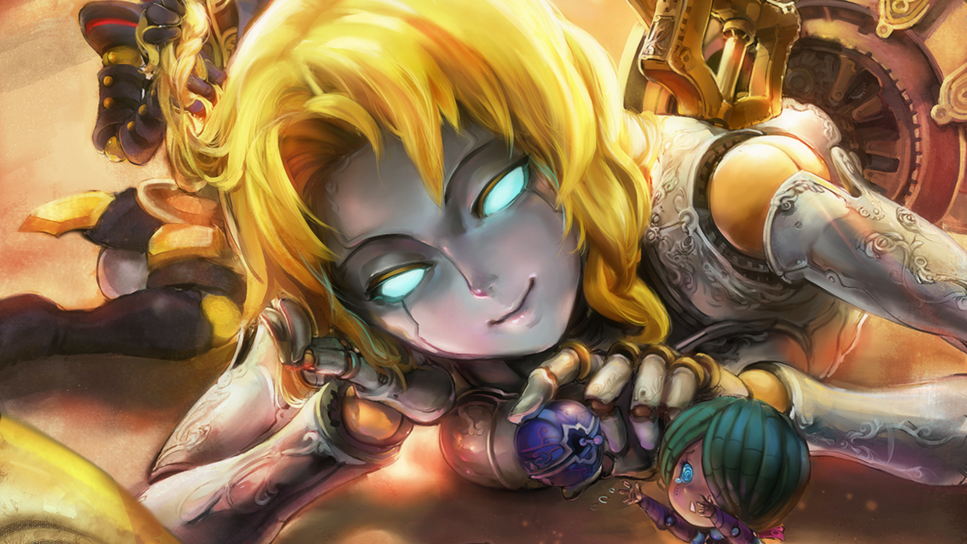 HD PC desktop wallpaper featuring Orianna from the video game League of Legends, showcasing her with glowing eyes and intricate mechanical details.