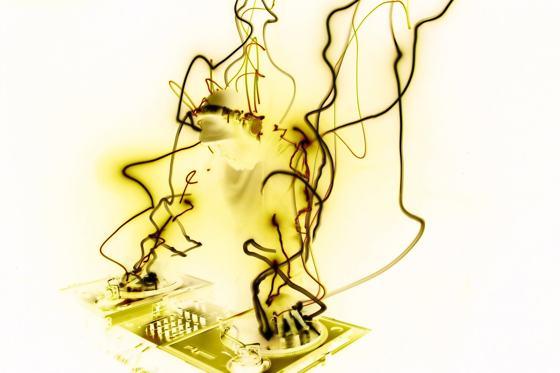 HD desktop wallpaper and background featuring a dynamic abstract image of a DJ surrounded by swirling, energetic lines, evoking the vibrant atmosphere of a live music performance.