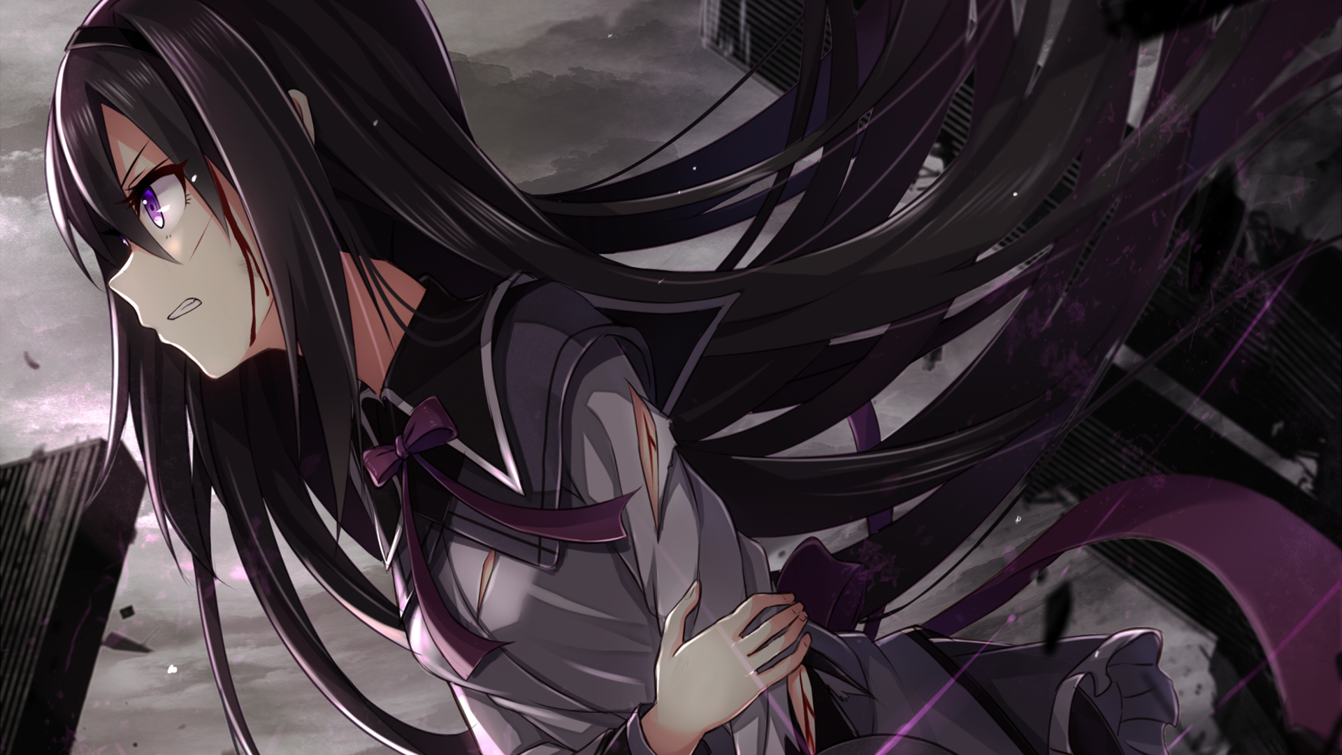 HD anime desktop wallpaper featuring Homura Akemi from Puella Magi Madoka Magica, showcasing intense emotion with dark, swirling background elements.