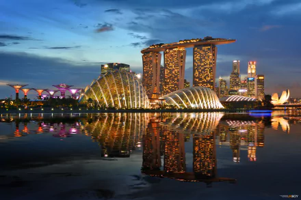 HD PC desktop wallpaper of Marina Bay Sands and Singapore skyline at dusk — illuminated man-made structures and waterfront gardens reflected in calm waters.