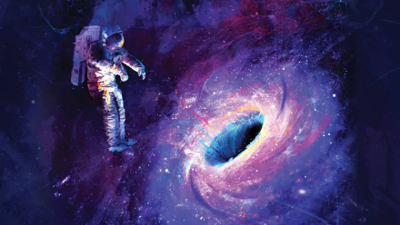 A mesmerizing HD desktop wallpaper featuring an astronaut gazing into a vibrant black hole, set against a stunning cosmic background filled with swirling galaxies and colors.