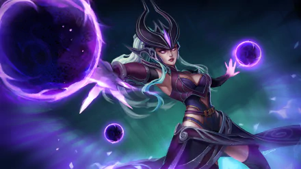 Syndra from League of Legends showcases her powerful magic, surrounded by dark orbs. This HD wallpaper captures the dynamic energy of the popular video game character.