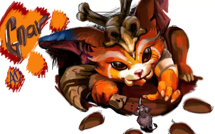 Gnar (League of Legends) in chibi form, snarling playfully atop cracked earth; vibrant video game art rendered as 4K Ultra HD PC desktop wallpaper/background.