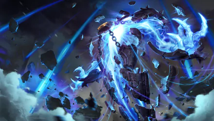 4K Ultra HD PC wallpaper featuring Xerath from League of Legends, depicted in dynamic blue energy with floating debris in a dark, cosmic background.