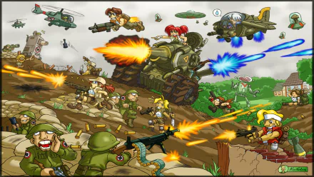 HD PC desktop wallpaper showcasing intense, colorful combat from the video game Metal Slug XX with soldiers, tanks, and aircraft in dynamic battle scenes.