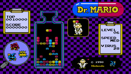 HD PC desktop wallpaper and background of the Dr. Mario video game: retro bottle playfield with Dr. Mario, colorful pills and viruses, score and level panels on a purple checkered backdrop.