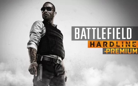 HD PC desktop wallpaper featuring a character from the video game Battlefield: Hardline, showcasing a tactical stance with a pistol against a smoky background.