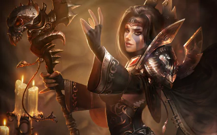 HD fantasy PC desktop wallpaper depicting a powerful witch casting a spell, surrounded by glowing candles and dark, mystical armor.