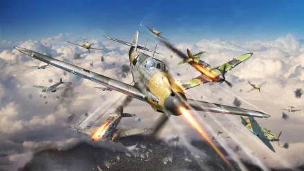 War Thunder video game HD PC desktop wallpaper: vintage fighter planes in a high-altitude dogfight over clouds, leading aircraft firing cannons with tracers and burning wreckage below.