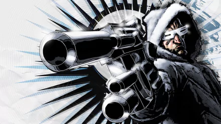 HD PC desktop wallpaper and background: comic-style Captain Cold aiming a freeze gun at the viewer, hooded with goggles, icy highlights and a bold black-and-blue radial burst.