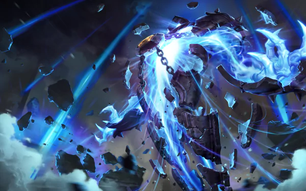 4K Ultra HD PC wallpaper featuring Xerath from League of Legends, depicted in dynamic blue energy with floating debris in a dark, cosmic background.