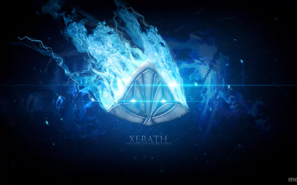 4K Ultra HD PC desktop wallpaper featuring Xerath from League of Legends, with glowing blue energy and a dark, cosmic background.