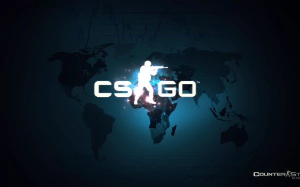 HD desktop wallpaper featuring the Counter-Strike: Global Offensive (CS:GO) logo with a silhouette of a soldier aiming a rifle against a dark world map background.