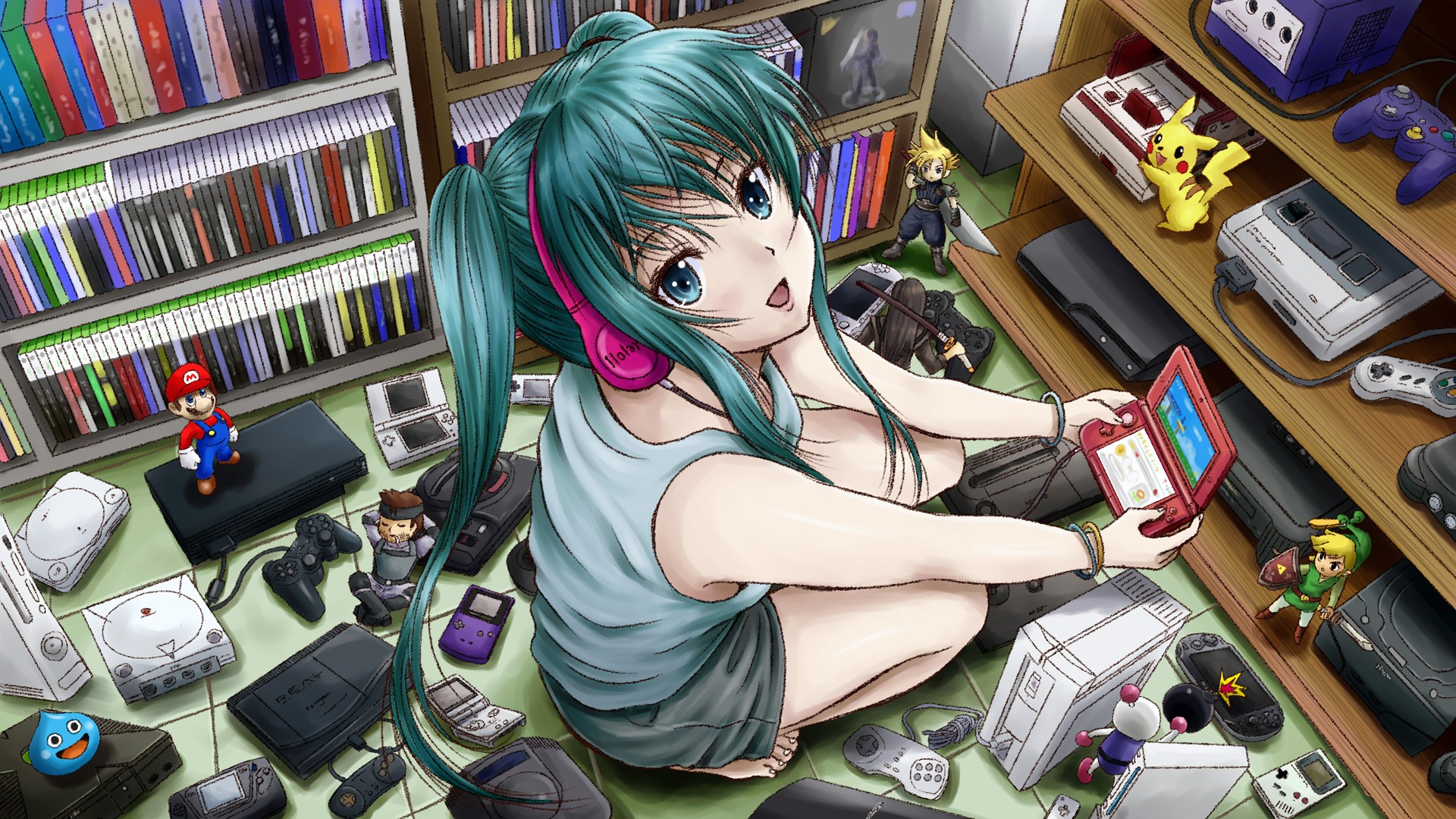 Download Mario Long Hair Headphones Hatsune Miku Green Hair Green Eyes Game  Boy Floor Famicom Dreamcast Crossover Bracelet Anime Vocaloid HD Wallpaper