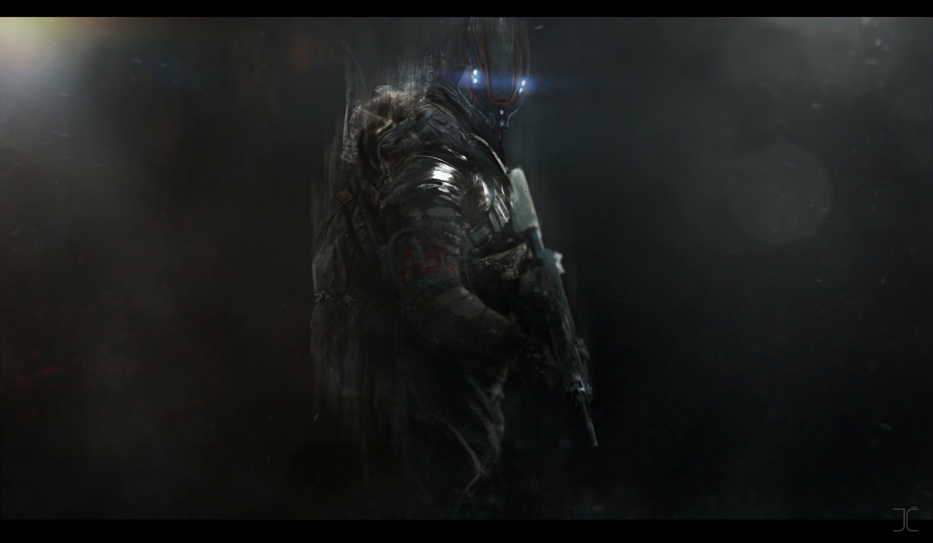 A futuristic warrior stands in shadowy darkness, clad in sleek armor with glowing blue accents, ready for battle in this striking sci-fi HD desktop wallpaper.