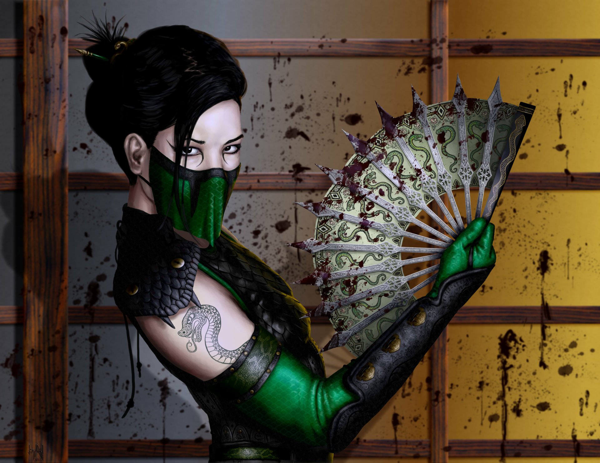 HD PC desktop wallpaper featuring a fantasy woman warrior in green armor, holding an ornate fan with a fierce, mysterious expression.