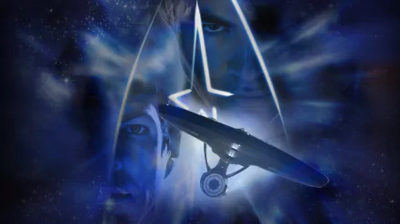 HD PC desktop wallpaper featuring a Star Trek Into Darkness movie theme with the silhouette of the starship and a mysterious face in a cosmic blue background.