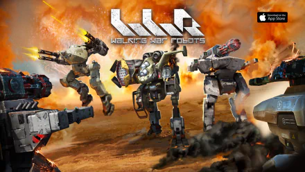 HD desktop wallpaper of Walking War Robots video game featuring armed robots engaged in a dramatic battlefield fight, with explosions and weapons highlighting a war-torn environment.