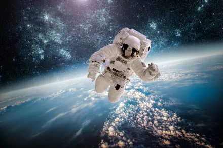 HD desktop wallpaper featuring a sci-fi scene with an astronaut floating above Earth, set against a backdrop of twinkling stars and the vast cosmos.
