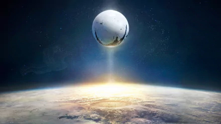A striking HD wallpaper from Destiny, featuring a massive celestial orb hovering above a planet, bathed in a soft glow, evoking the game's rich sci-fi universe.