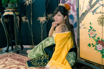 A Taiwanese woman in traditional costume and hair-dress, adorned with a colorful flower tattoo, poses gracefully against an ornate backdrop in this 4K Ultra HD wallpaper.