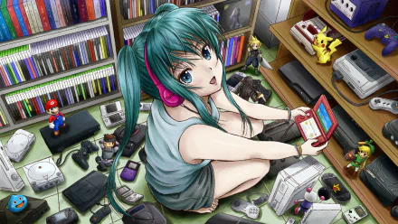 A vibrant HD wallpaper featuring a character with long green hair and headphones, playing a Game Boy amidst a nostalgic collection of consoles, including Mario and Famicom figurines.