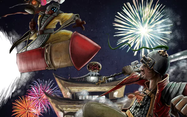 HD PC desktop wallpaper featuring Jax and Master Yi from League of Legends with vibrant fireworks lighting up the night sky.