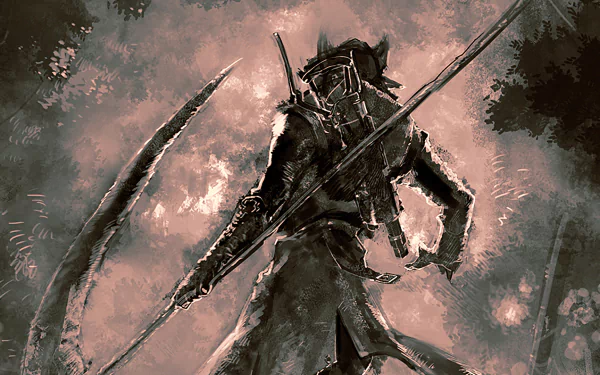 A dynamic HD wallpaper featuring a character from Shadow of the Colossus and Bloodborne, poised dramatically against a haunting backdrop, embodying the essence of epic adventure.