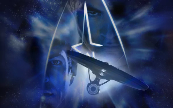 HD PC desktop wallpaper featuring a Star Trek Into Darkness movie theme with the silhouette of the starship and a mysterious face in a cosmic blue background.