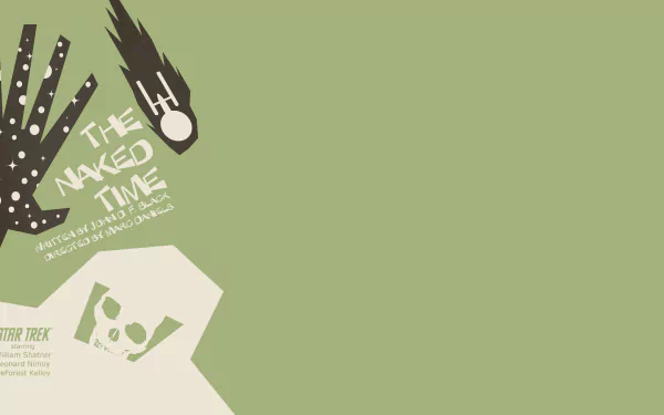 Minimalist 4K Ultra HD PC desktop wallpaper for the TV show Star Trek: The Original Series — green background with beige geometric panels, stylized comet and The Naked Time title.