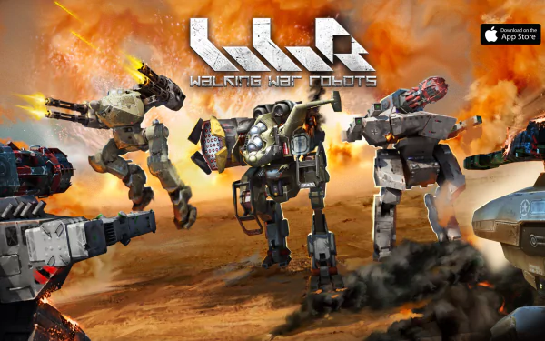 HD desktop wallpaper of Walking War Robots video game featuring armed robots engaged in a dramatic battlefield fight, with explosions and weapons highlighting a war-torn environment.