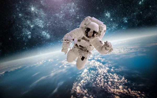 HD desktop wallpaper featuring a sci-fi scene with an astronaut floating above Earth, set against a backdrop of twinkling stars and the vast cosmos.