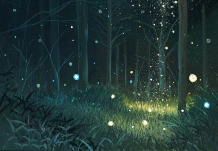 HD desktop wallpaper depicting a magical anime-style forest scene with glowing orbs and shimmering lights among trees and tall grass.