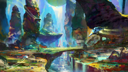 HD desktop wallpaper from the video game No Man's Sky featuring a vibrant alien landscape with towering rock formations and flying spacecraft.