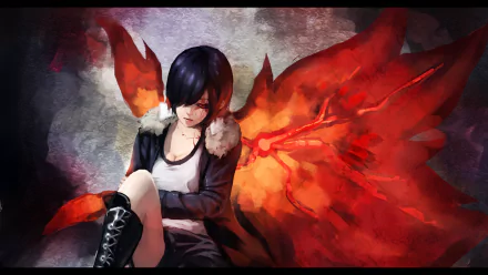 HD desktop wallpaper featuring Touka Kirishima from Tokyo Ghoul, with blue hair and red eyes, wearing a jacket and boots, against a backdrop of vibrant red kagune wings.