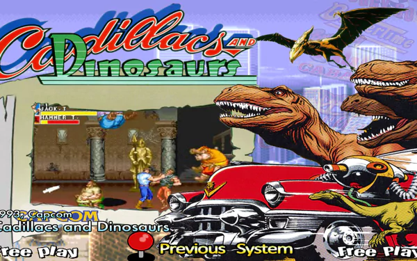 HD PC desktop wallpaper featuring the video game Cadillacs and Dinosaurs with characters, dinosaurs, and a classic red Cadillac in vibrant colors and dynamic action.