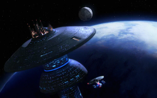 HD PC desktop wallpaper from the TV show Star Trek: The Next Generation, showing a Federation space station and a starship orbiting a blue planet with a nearby moon.