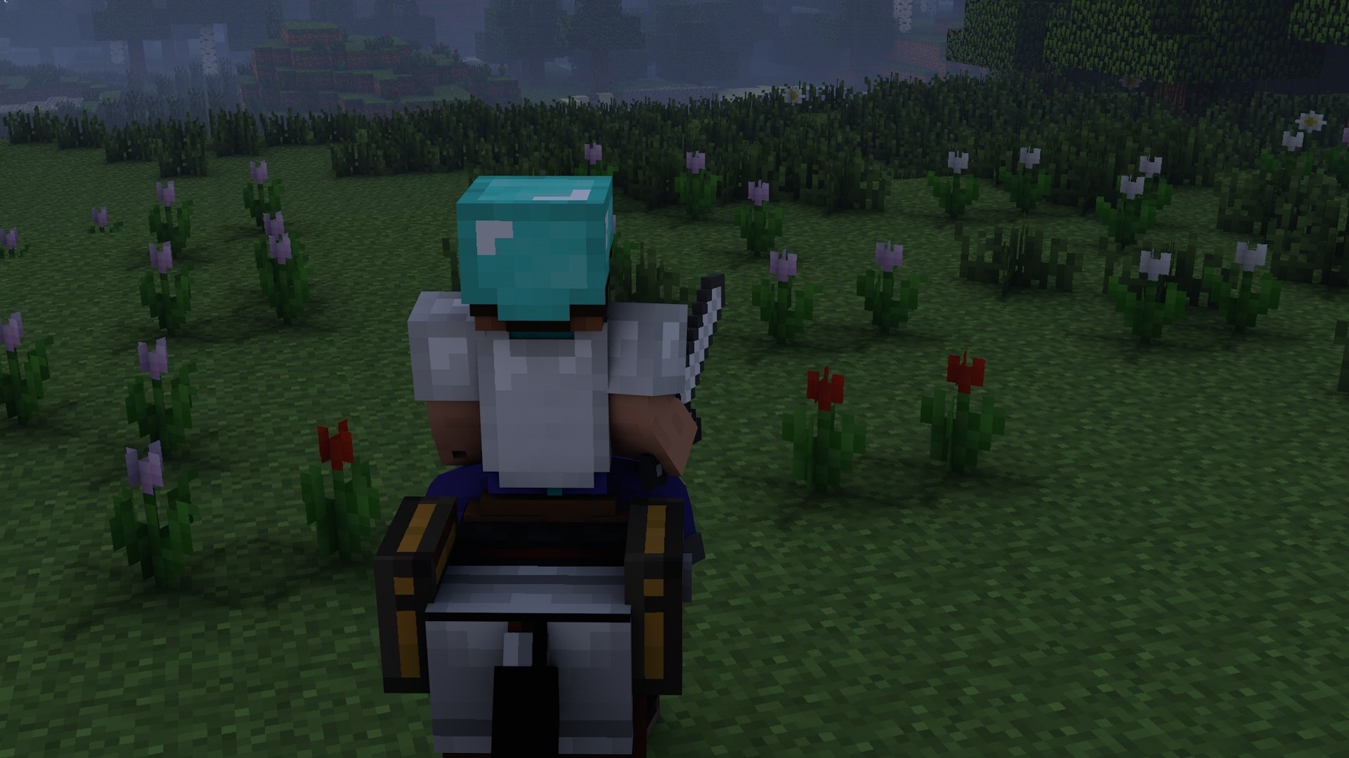A Minecraft character wearing a diamond helmet rides a horse through a grassy field with flowers in foggy weather. HD desktop wallpaper and background.