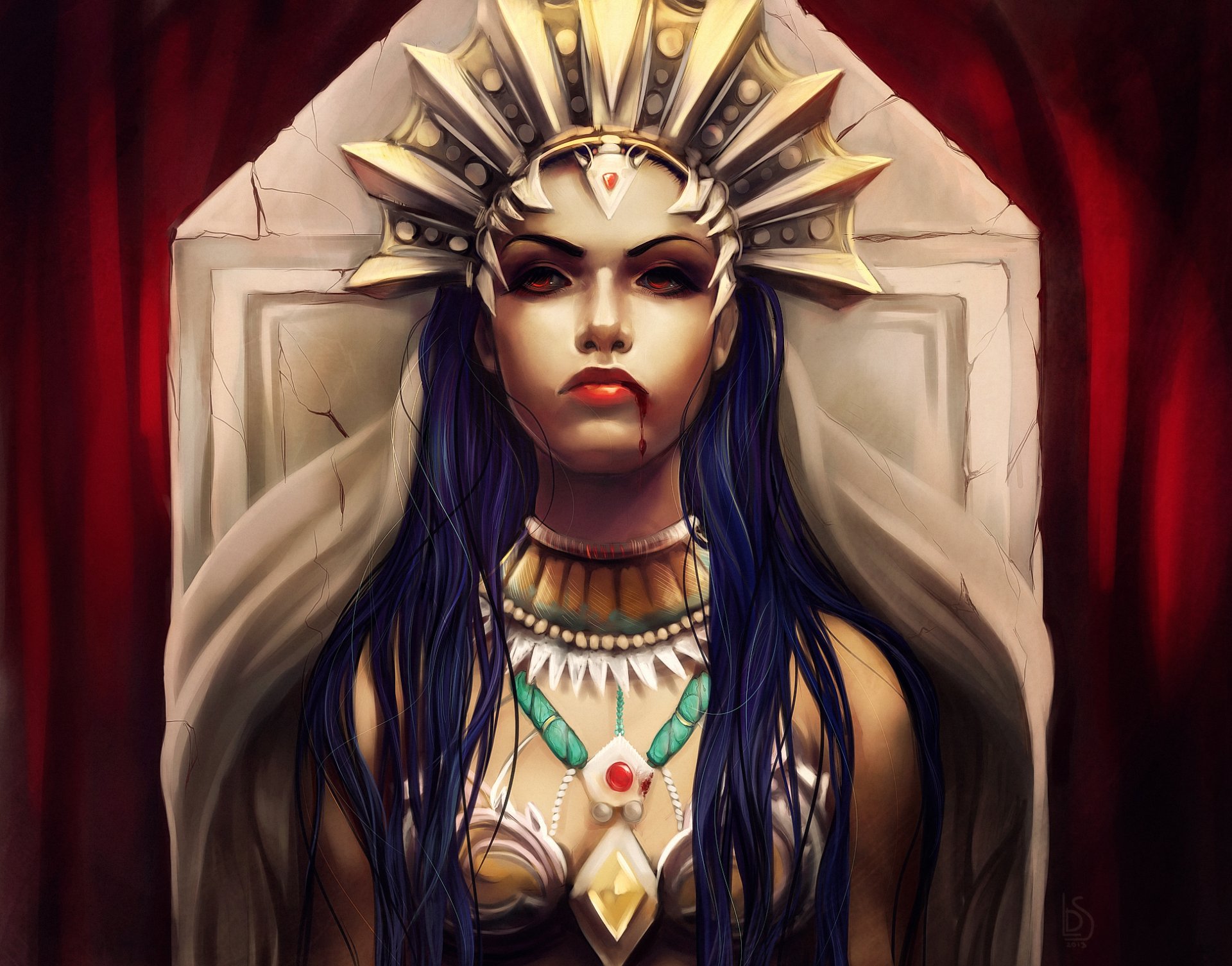 A striking fantasy vampire woman with long dark hair and a regal headdress, set against a backdrop of deep reds, creates an enchanting and dramatic HD desktop wallpaper.