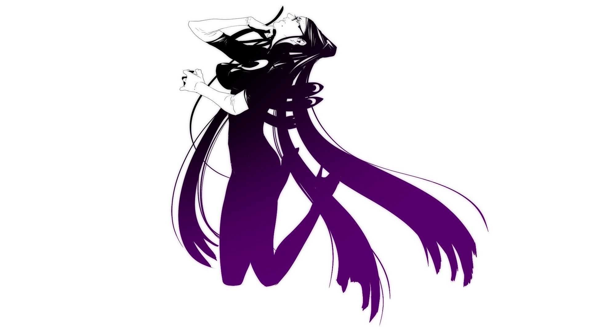 HD PC desktop wallpaper featuring a stylized silhouette of Bayonetta, the iconic video game character, with flowing hair and dynamic pose on a white background.