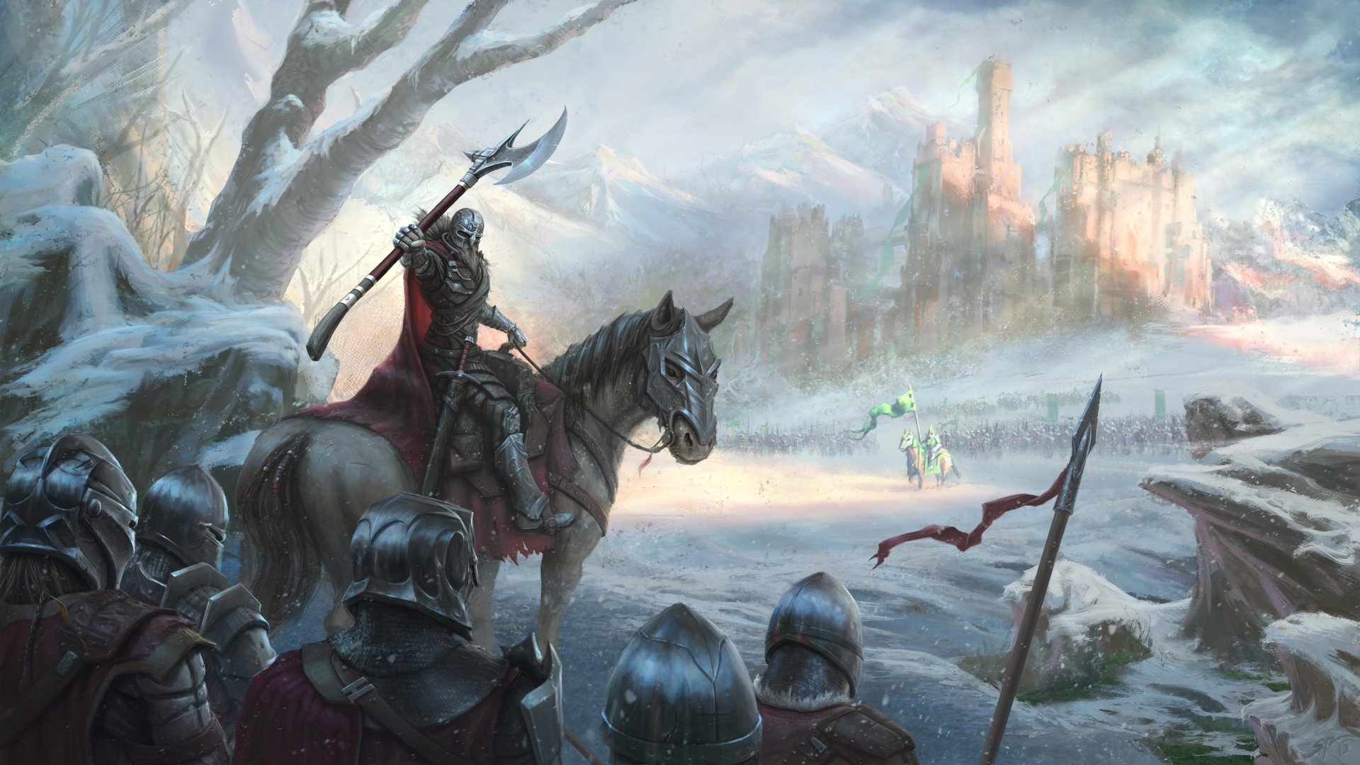 8K Ultra HD fantasy battle scene showing armored warriors and a mounted knight facing an icy battlefield with a distant castle in a misty, dramatic landscape.