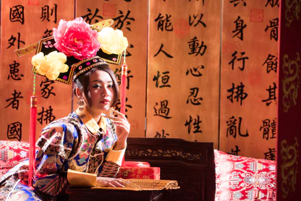 A Taiwanese woman in traditional Chinese costume poses in front of a scroll with Chinese calligraphy, styled as a 4K Ultra HD desktop wallpaper featuring Qián Fūrén.