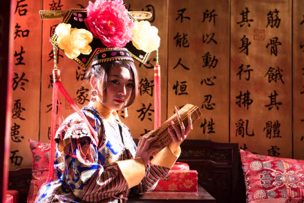 A woman in traditional Taiwanese Chinese costume, identified as Qián Fūrén, holds a scroll against a backdrop of calligraphy in this 4K Ultra HD desktop wallpaper.